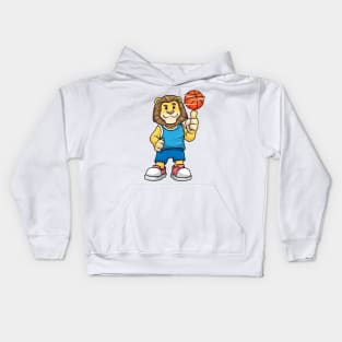 Lion as basketball player with a basketball Kids Hoodie